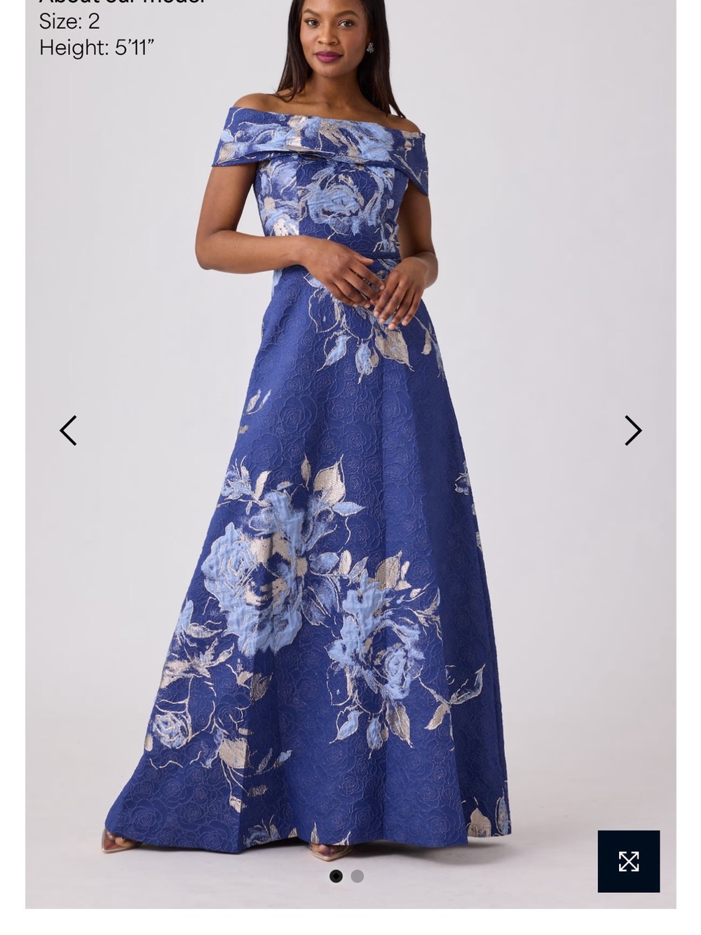 Teri Jon Off-Shoulder Royal Blue Floral Jacquard Gown with Cream Blooms